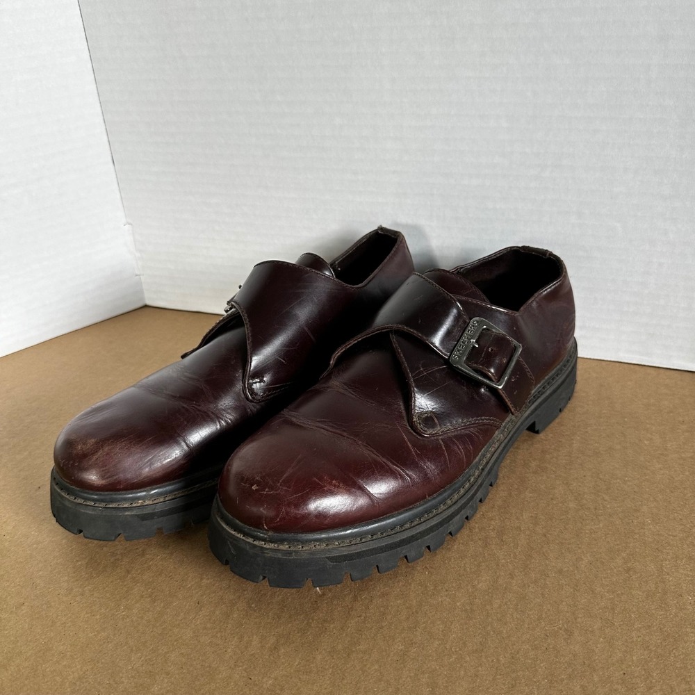 Skechers Jammers Monk Strap Shoes Mens 10 Brown Good Leather Lug Sole Vintage